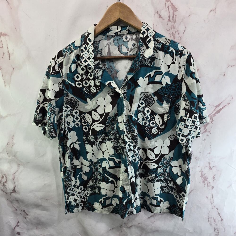 Vintage Shirt Womens Medium Blue Brown Button Up Camp Short Sleeve Floral
